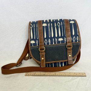 Fossil Crossbody Bag Navy Blue Canvas Paintbrush Motif Saddlebag Style